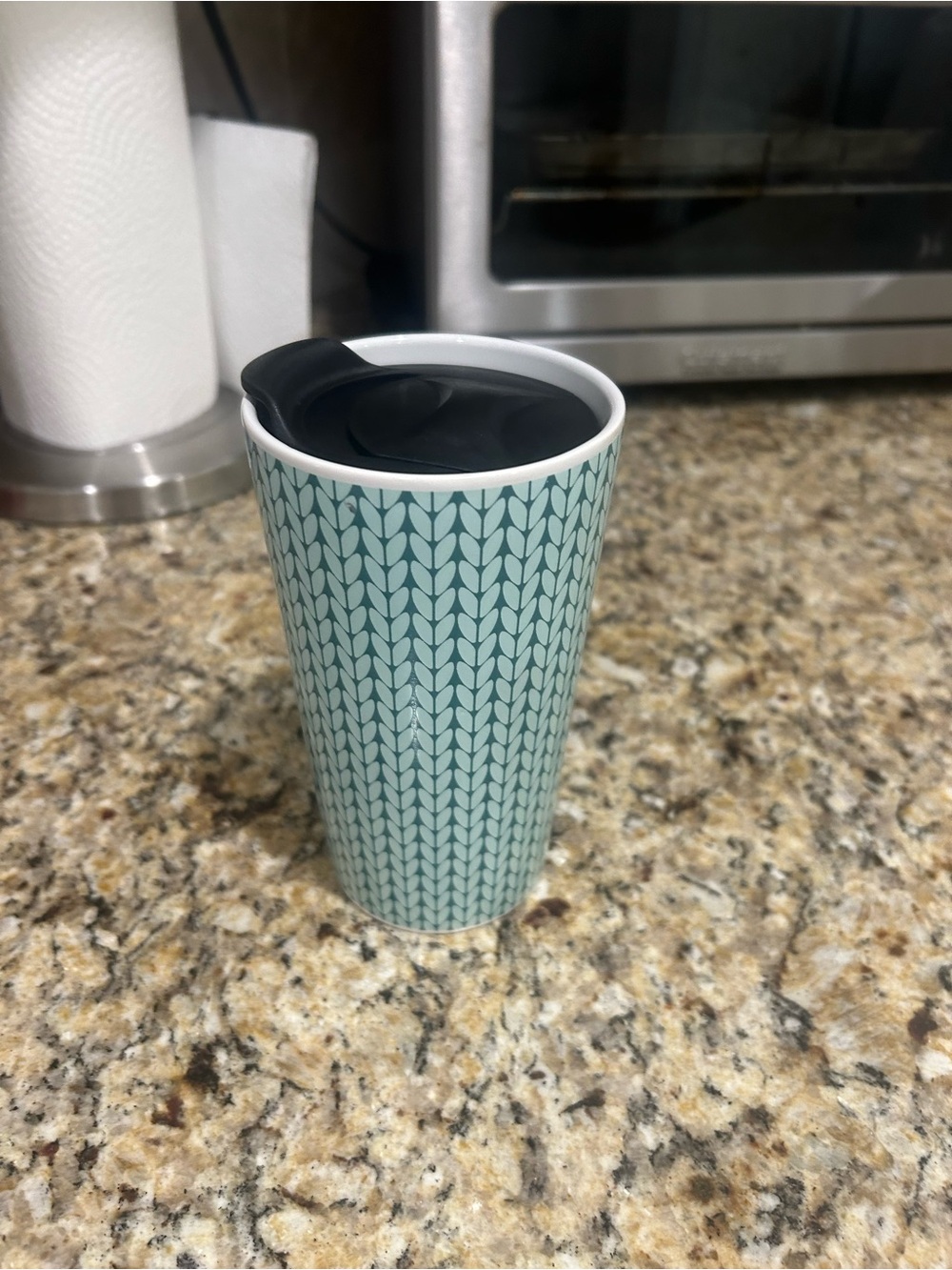 Turquoise Patterned Travel Mug with Black Lid